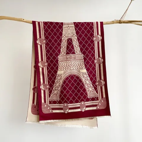 Sciarpa Calda Invernale da Donna Sciarpa a Doppia Faccia con Motivo Torre Eiffel Effetto Cashmere Scialle Jacquard Retrò con Nappine