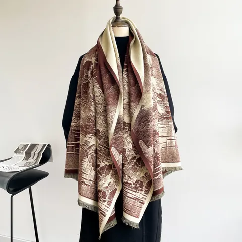 Sciarpa Scialle Ispessita con Stampa Paesaggio Cinese Vintage per Donna Inverno Caldo Imitazione Cashmere con Nappe Jacquard