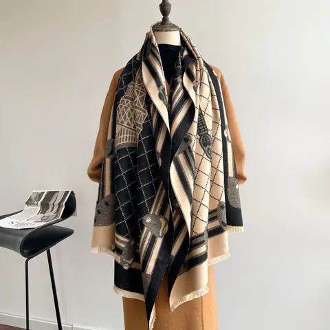 Sciarpa Calda Invernale da Donna Sciarpa a Doppia Faccia con Motivo Torre Eiffel Effetto Cashmere Scialle Jacquard Retrò con Nappine