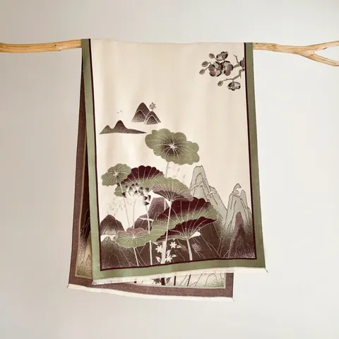 Vintage Chinesischer Stil Lotus Landschaft Jacquard Schal Für Damen Winter Warm Kaschmir-Imitat Schultertuch Mit Quasten