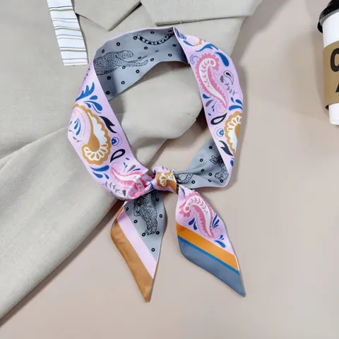 French Elegant Satin Twilly Scarf For Women Paisley Leopard Print Double Sided Narrow Silk Scarf Handbag Handle Accessory Hair Band Neck Scarf