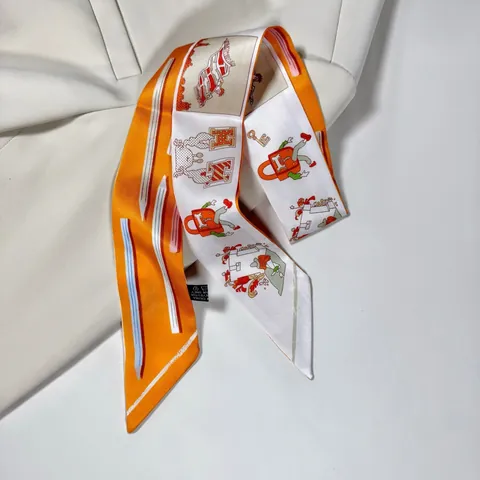 Women Vintage Satin Narrow Twilly Scarf For Office Professional Long Strip Printed Hair Band Neckerchief Handbag Ribbon