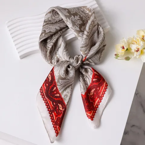 Women Vintage Paisley Floral Pattern Satin Square Scarf Elegant Silk Like Neck Scarf Headwrap Summer Shawl Accessory