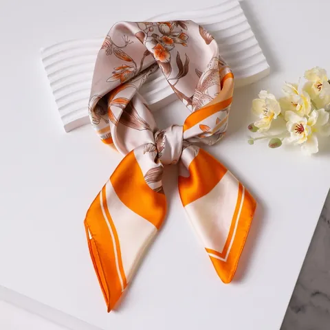 Women Elegant Satin Square Scarf Floral Print Neck Scarf Silky Hand Feeling Decorative Head Wrap For Daily Travel Accessories