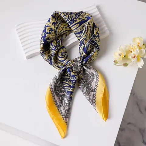 Women Vintage Paisley Floral Pattern Satin Square Scarf Elegant Silk Like Neck Scarf Headwrap Summer Shawl Accessory