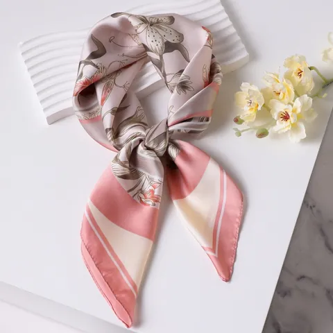 Women Elegant Satin Square Scarf Floral Print Neck Scarf Silky Hand Feeling Decorative Head Wrap For Daily Travel Accessories