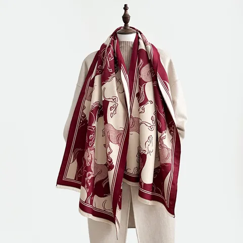 Écharpe Élégante à Motif de Cheval Pour Femmes Hiver Chaud Châle En Imitation Cachemire Longue Style Équestre Vintage