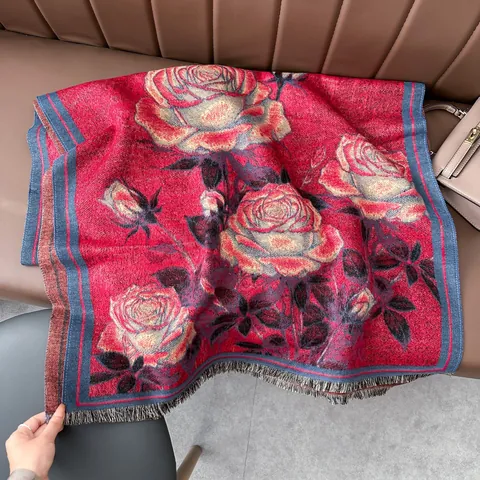 Women Retro Rose Floral Print Scarf Thickened Warm Imitation Cashmere Shawl With Tassels Artistic Ethnic Style Winter Fall Wrap