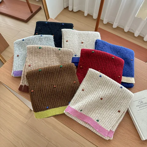 Sciarpa da Donna in Lana Lavorata a Maglia Stile Coreano Invernale Calda e Spessa con Decorazione a Chicchi Colorati Bordo a Contrasto