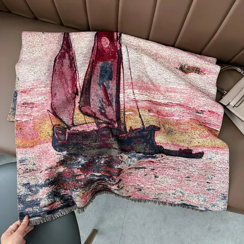 Oil Painting Sailing Boat Print Scarf Women Winter Thick Warm Imitation Cashmere Scarf Oversized Tassel Shawl