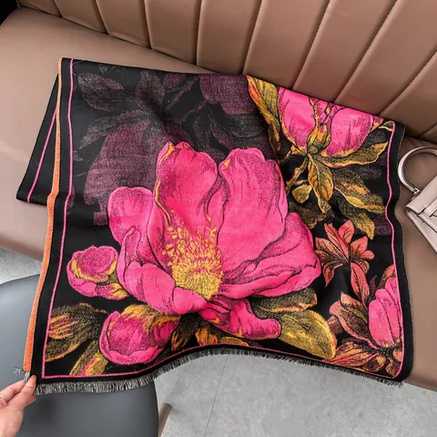 Women Vintage Floral Imitation Cashmere Scarf Elegant Botanical Pattern Thick Warm Winter Pashmina Shawl Wrap With Tassels