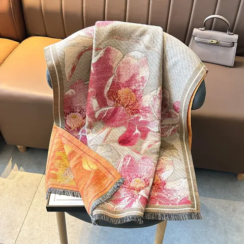 Women Retro Peony Floral Print Imitation Cashmere Scarf Thick Warm Pashmina Wrap Shawl With Tassels Elegant Winter Scarf