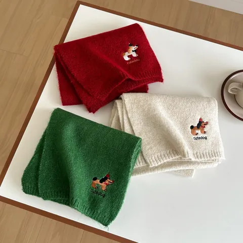 Cute Dog Embroidery Knitted Scarf For Women Winter Warm Soft Wool Knit Neck Warmer Stylish Japanese Style Long Scarf Gift