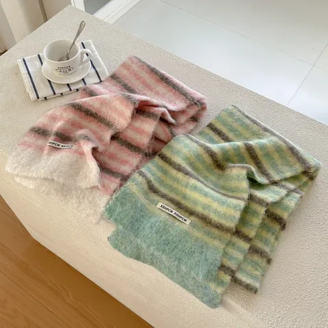 Fashion Wool Knitted Striped Scarf For Women Winter Warm Soft Jacquard Fringed Long Muffler Sweet Style Daily Outdoor Accessory
