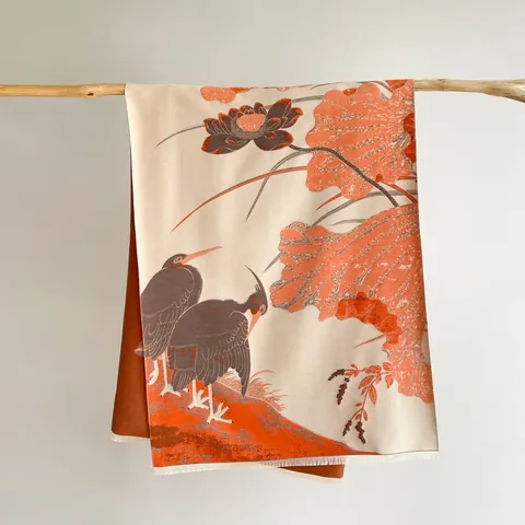 Chinese Style Crane Lotus Pattern Faux Cashmere Scarf Double Sided Jacquard Winter Warm Shawl With Tassels Artistic Retro Elegant Scarf For Women