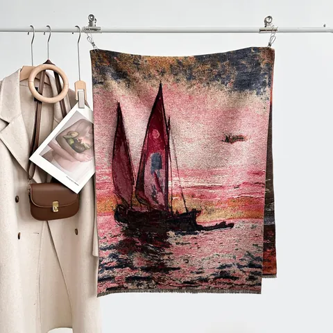 Oil Painting Sailing Boat Print Scarf Women Winter Thick Warm Imitation Cashmere Scarf Oversized Tassel Shawl