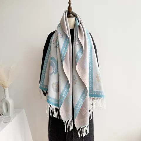 Sciarpa Jacquard Camelia Vintage per Donna Scialle Spesso in Imitazione Cashmere Con Nappine Retro Etnico Sciarpa Calda Invernale