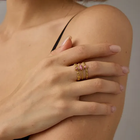 Vintage 316L Stainless Steel 18K Gold Plated Open Adjustable Ring For Women Hollow Beaded Pink Stone Fashion Jewelry