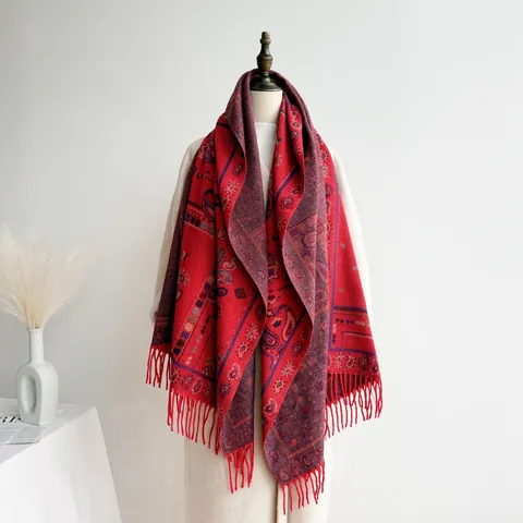 Bohemian Ethnic Paisley Jacquard Scarf With Tassels Retro Tassel Shawl Wrap For Women Winter Warm Imitation Cashmere Poncho