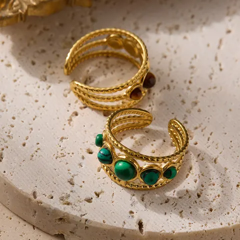 Vintage Roestvrij Staal Opengewerkte Open Ring Voor Vrouwen PVD Verguld Boheems Ingelegd Malachiet Tijgeroog Verstelbare Ring
