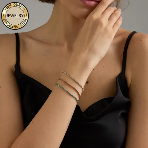 Stainless Steel Birthstone Tennis Bracelet For Women Gold Plated Zirconia Round Crystal Single Row Fashion Jewelry Gift