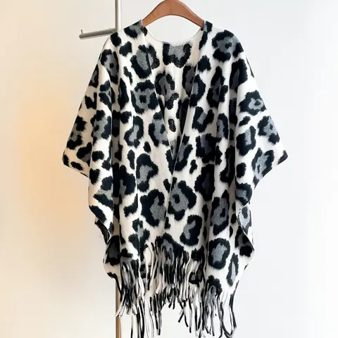 Vintage Women Leopard Print Poncho Cloak Imitation Cashmere Thick Warm Oversized Scarf With Tassel Shawl Wrap