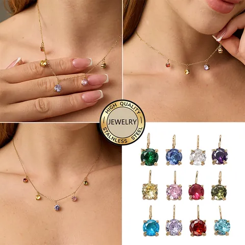 Round 316L Stainless Steel Cubic Zirconia Pendants DIY Jewelry Making Accessories Gold Plated Birthstone Charms Jewelry