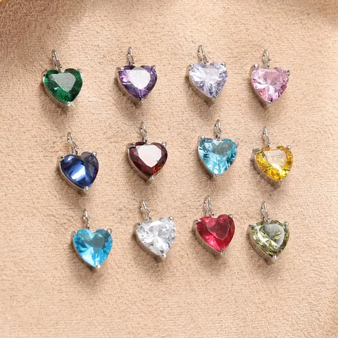 Heart Shaped Birthstone Pendants 316L Stainless Steel PVD Gold Plated Zirconia Heart Charm For DIY Jewelry Making Pendants