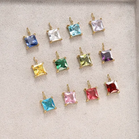 316L Stainless Steel Square Colored Gemstone Pendant For Necklace Bracelet DIY Jewelry Making Women Luxury Birthstone Charms