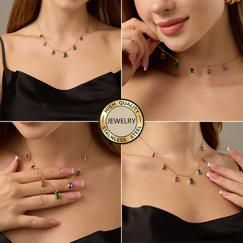 Light Luxury 316L Stainless Steel Rectangular Birthstone Pendant Inlaid Zirconia Gold Silver DIY Necklace Bracelet Jewelry Accessory Women
