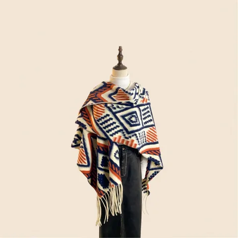 Bohemian Geometric Jacquard Tassel Shawl Wrap Ethnic Open Front Poncho Cape For Women Men Autumn Winter Warm Cloak