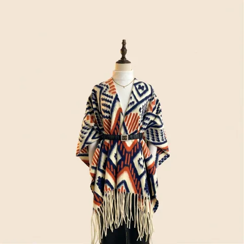 Bohemian Geometric Jacquard Tassel Shawl Wrap Ethnic Open Front Poncho Cape For Women Men Autumn Winter Warm Cloak