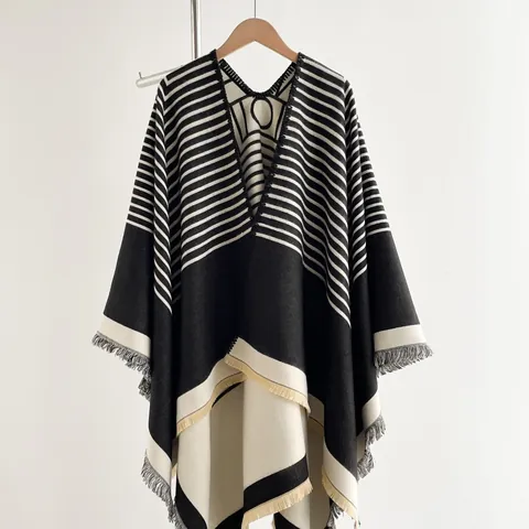 Women Geometric Stripe Cashmere Like Poncho Scarf Warm Open Front Shawl Wrap With Tassels Fall Winter Elegant Knit Cardigan Cape