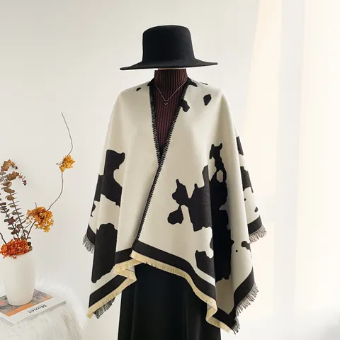 Women's Fashion Cow Print Poncho Shawl Thickened Warm Tassel Open Front Wrap For Travel Daily Office Polyester Cashmere Feeling Scarf