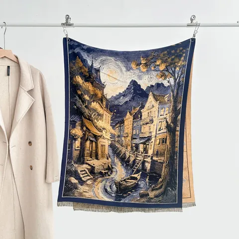 Sciarpa da Donna Retro Pittura a Olio Paesaggio Città d'Acqua Ispessita Caldo Imitazione Cashmere Scialle Con Nappine Accessorio Artistico