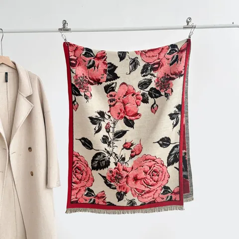 Sciarpa Floreale Vintage Imitazione Cashmere Ispessita Caldo Scialle Stampa Rose Elegante Avvolgente con Nappine Donna Inverno