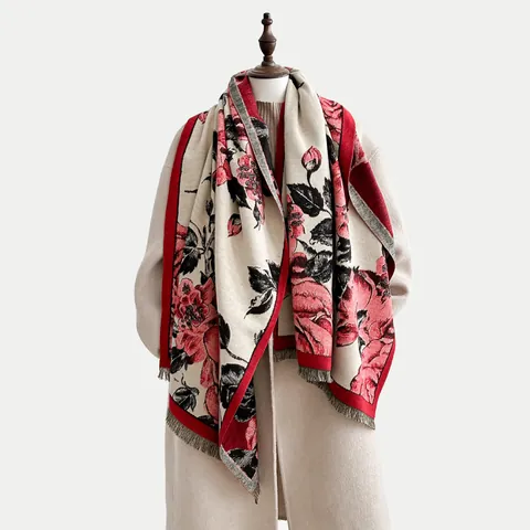Sciarpa Floreale Vintage Imitazione Cashmere Ispessita Caldo Scialle Stampa Rose Elegante Avvolgente con Nappine Donna Inverno