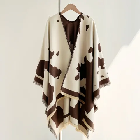Women's Fashion Cow Print Poncho Shawl Thickened Warm Tassel Open Front Wrap For Travel Daily Office Polyester Cashmere Feeling Scarf
