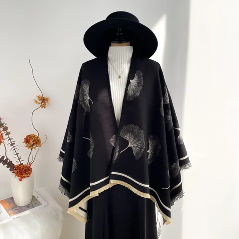 Women Vintage Ginkgo Leaf Knitted Poncho Cape Imitation Cashmere Split Shawl Scarf With Tassel Warm Autumn Winter Outerwear
