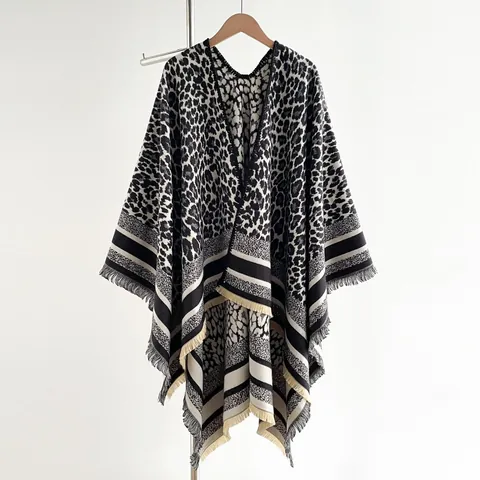 Vintage Leopard Print Fringed Shawl Women Imitation Cashmere Split Cape Cloak Pashmina Warm Winter Wrap Open Front Poncho