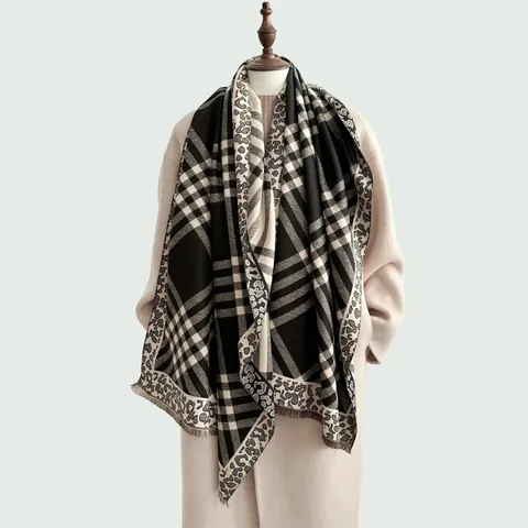 Women Fashion Plaid Leopard Patchwork Scarf Premium Imitated Cashmere Jacquard Warm Shawl Wrap With Tassels High End Retro Accessory