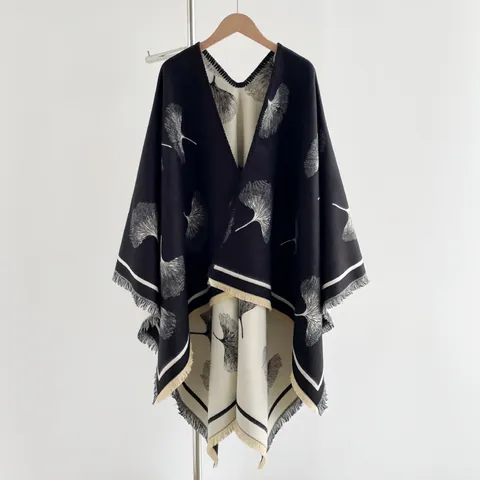 Women Vintage Ginkgo Leaf Knitted Poncho Cape Imitation Cashmere Split Shawl Scarf With Tassel Warm Autumn Winter Outerwear