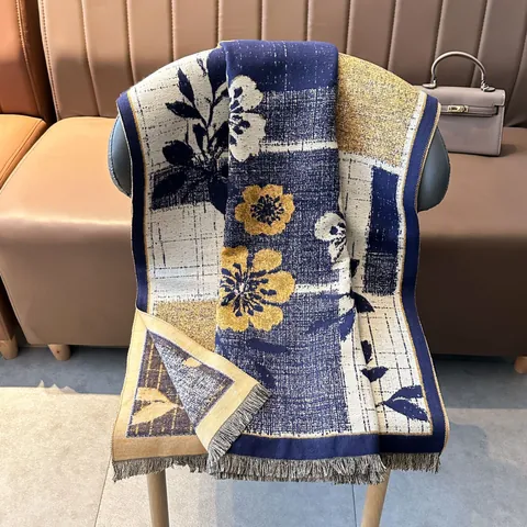 Vintage Floral Patchwork Faux Cashmere Scarf For Women Thick Warm Shawl Wrap With Tassels Retro Jacquard Winter Muffler