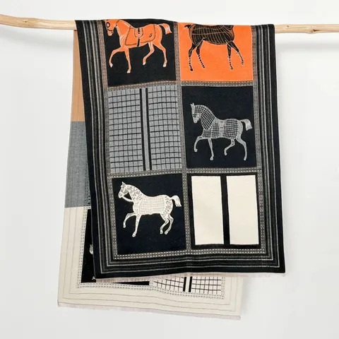 Women Cashmere Like Winter Warm Scarf Equestrian Horse Pattern Color Block Tassel Shawl Thick Wrap Fashion Accessory Gift