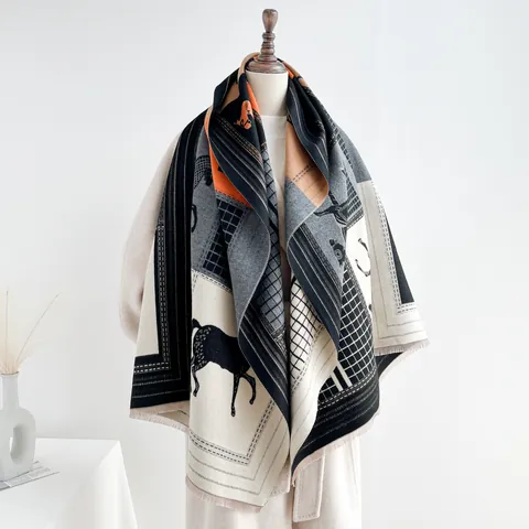 Women Cashmere Like Winter Warm Scarf Equestrian Horse Pattern Color Block Tassel Shawl Thick Wrap Fashion Accessory Gift
