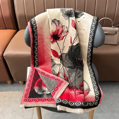 Winter Imitation Cashmere Scarf For Women Chinese Ink Painting Lotus Floral Print Thick Warm Shawl Wrap With Tassels Retro Ethnic Style