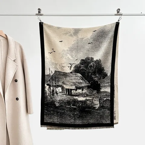 Sciarpa Jacquard Paesaggio Pastorale Vintage Donna Avvolgente Calda In Imitazione Cashmere Con Nappine Scialle Artistico