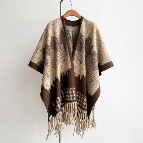 Britischer Stil Hahnentritt Kaschmir-Imitat Schultertuch Damen Winter Dick Warm Quasten Umhang Poncho Mode Oberbekleidung