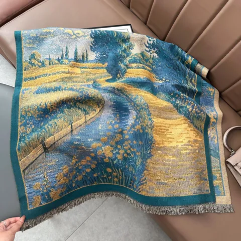 Sciarpa Effetto Cachemire in Stile Pittura a Olio Vintage per Donna Scialle Jacquard Ispessito Con Nappine Avvolgente Inverno