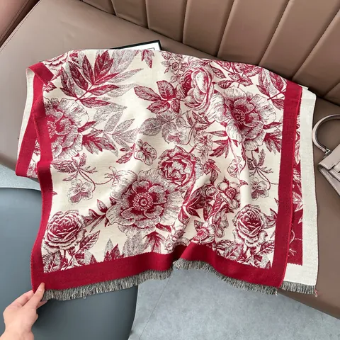 Sciarpa Donna Effetto Cashmere Floreale Motivo Rosa Vintage Scialle Invernale Caldo Ispessito Con Nappa Avvolgente Collo Elegante